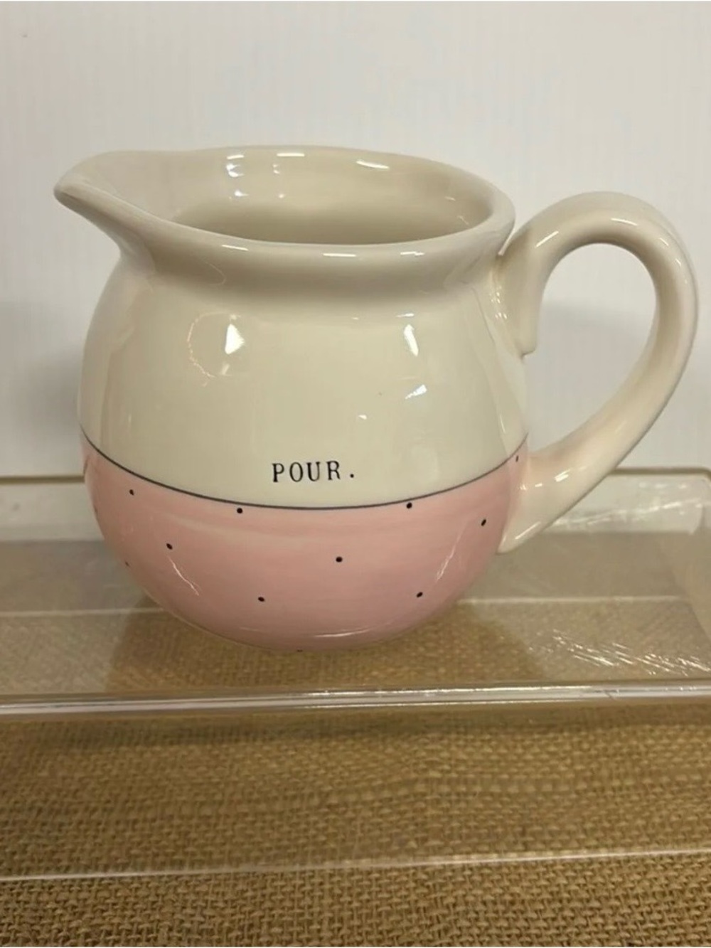 Rae Dunn POUR Creamer Small Pitcher Sweet Pink White Polka Dot 4 Inches Tall EUC
